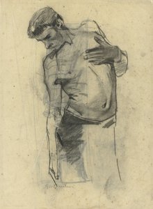 Modelstudie af stående halvnøgen mand, der kigger ned af George Hendrik Breitner