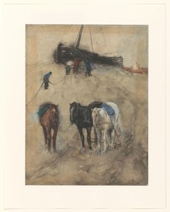 Heste på stranden, i baggrunden en pram og fiskere af George Hendrik Breitner