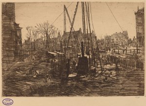 Scene i en hollandsk by med piledriver i forgrunden af George Hendrik Breitner