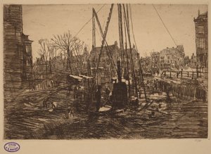 Scene i en nederlandsk by med en pælehammer i forgrunden af George Hendrik Breitner