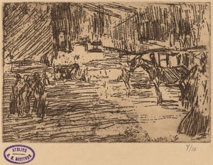 Scene med heste stående i strøm af George Hendrik Breitner