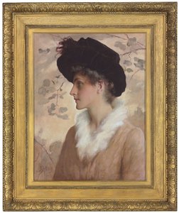 Portræt af en dame, halvlængde, iført sort hat og pelsstol, 1888 af George Henry Boughton