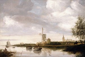 Et flodlandskab med pramme og sejlbåde og en kirke bagved af George Henry Clements