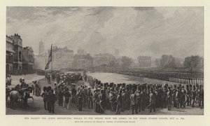 Hendes Majestæt Dronningen uddeler medaljer til heltene fra Krim på hestevagtens parade, 21. maj 1855 af George Housman Thomas