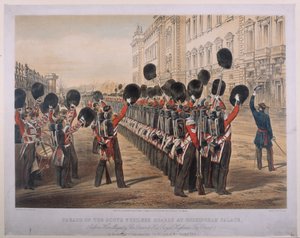 Parade af Scots Fusilier Guards ved Buckingham Palace om morgenen efter deres afgang til Krigssædet, den 2. marts 1854, indgraveret af E. Walker, udgivet af Colnaghi und Co., 1854 af George Housman Thomas