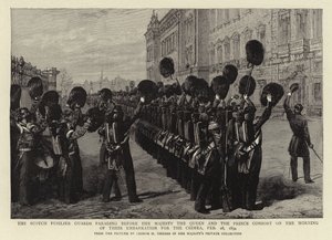 Den skotske füsiliergarde i parade foran Hendes Majestæt Dronningen og Prinsgemalen om morgenen ved deres afrejse til Krim, 28. februar 1854 af George Housman Thomas
