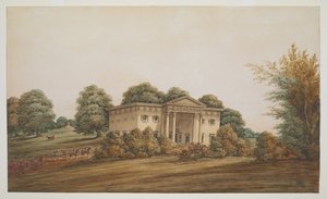Et palladisk havehus i et parklignende landskab, Delhi, med en vogn og outriders nærmer sig af George Hutchinson