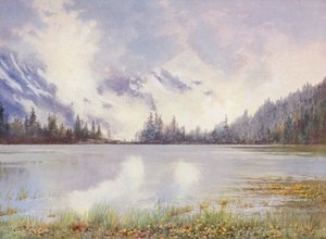 Lac Champex i skyland i slutningen af maj; Caltha palustris og Primula farinosa ved vandkanten (farvelitografi) af George Jackson Flemwell