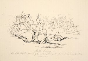 Slaget ved Ligny: Marshall Blucher, bedøvet af det voldsomme fald, lå viklet ind under sin hest, pubben J. Booth, 1816