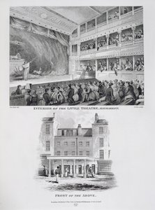 Interiør af Little Theatre, Haymarket i London og Front of the Above, indgraveret af James Stow (ca. 1770-1820) 1815 af George Jones