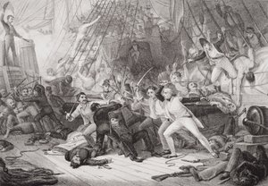 Nelson går ombord på San Josef i slaget ved St. Vincent, 14. februar 1797, fra `Illustrationer af engelsk og skotsk historie