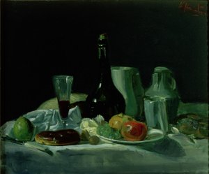 Stilleben - flaske og frugt