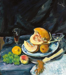 Stilleben med skåret melon, glas og vifte, ca. 1920