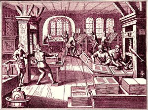 Inde i en trykkeri, Tyskland 1619 (gravering)