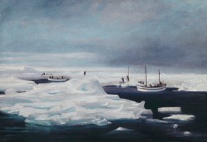 James Caird, Dudley Docker og Stancomb Wills fortøjet til isflagen i Weddellhavet, april 1916 af George Marston