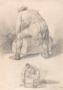 En mand løfter en kuffert, to undersøgelser på ét ark af George Morland