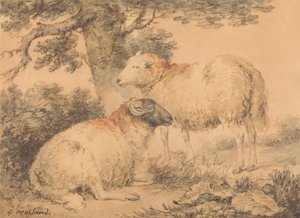 En vædder og en moderfår i et landskab af George Morland
