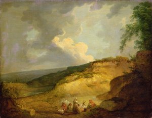 Et omfattende bjergrigt landskab med en sigøjnerlejr i forgrunden (olie på lærred) af George Morland