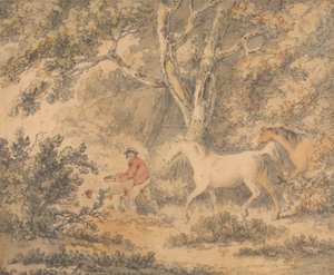 Landskab med heste, landmand og hund af George Morland