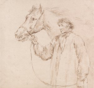 Mand holder hest ved tøjlen af George Morland