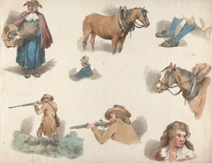 Sæt på fem: Otte studier: Kvinde med kurv, hest med blinket vogn osv. af George Morland