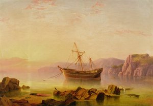 Et skib for anker i en bugt ved solnedgang