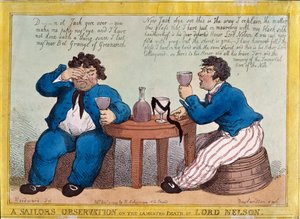 En sømands observation af Lord Nelsons beklagede død, indgraveret af Thomas Rowlandson (1756-1827) udgivet af Rudolph Ackermann, 3. december 1805 (farvet radering)