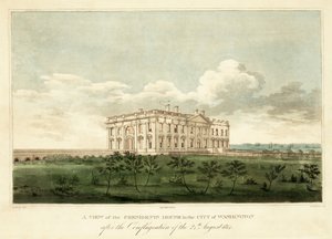 Udsigt over præsidentens hus i byen Washington efter branden den 24. august 1814, pub. 1814 af George Moutard Woodward