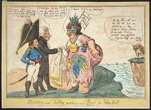Boney og Talley lapper et stykke til John Bull, pub. 1806 (håndkoloreret gravering)