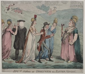 Moder Windsor med fire af sine kurtisaner beordrer sine piger til at arrestere biskoppen af Durham og hertugen af Queensbury, 1798 (farveætsning) af George Moutard Woodward