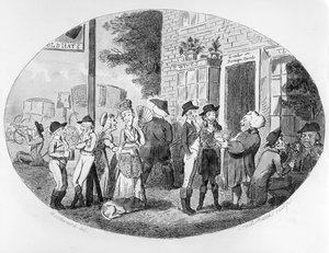 Udenfor Old Hats Tavern, indgraveret af Isaac Cruikshank, 1796