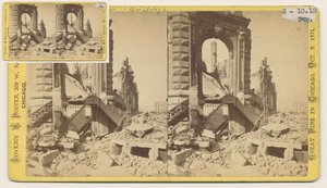 Stereograf af Bryan Block ved det nordvestlige hjørne af Monroe og LaSalle Streets efter Chicago-branden i 1871, 1871 (bw-foto på kortholder) af George N. Barnard