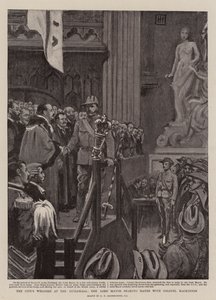 Byens velkomst i Guildhall, overborgmesteren giver hånd med oberst Mackinnon af George Percy Jacomb Hood