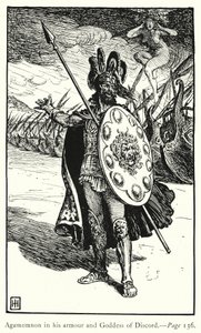 Iliaden: Agamemnon i sin rustning og uenighedens gudinde (gravering)