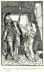 Iliaden: Andromache og Astyanax møder Hektor forberedt til krig (gravering) af George Percy Jacomb Hood