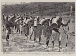 Elfenbenshandelen i Østafrika, en karavane på vej til kysten, der gennemser en flod i Uganda