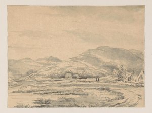 Bakket landskab med et par huse og en flod til venstre af George Pieter Westenberg