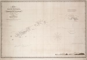 Kort over South Shetland inklusive Coronation Island, fra udforskningen af sloop Dove i årene 1821 og 1822 af George Powell Commander of the same af George Powell