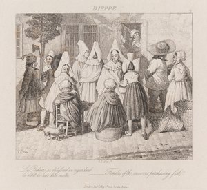Kvinder, der køber fisk, Dieppe, ca. 1821 (ætsning)