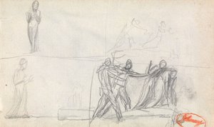 Gruppescene og to skitser af en stående figur af George Romney