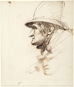 Hovedet af en mand set i profil, iført en stor hat af George Romney