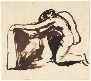 En nøgen figur, der knæler og skriver på en stor tavle af George Romney