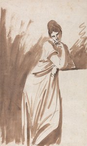 Dame, der læner sig mod en sokkel (muligvis en skitse til »Miss Woodley«) af George Romney