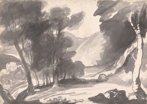 Landskabsstudie: Løvskov, sø og bjerge af George Romney