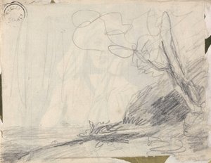 Landskabsstudie til »Titanias ledsagere jager flagermus« af George Romney