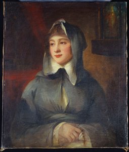Portræt af en dame, halvlang, som en nonne, der holder en rosenkrans, ved en helligdom i et interiør af George Romney