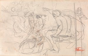 Siddende figur, der afsiger dom over en knælende figur af George Romney