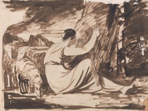 Hyrdinde skærer en inskription på et træ af George Romney