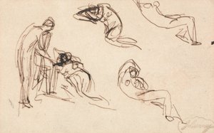 En stående figur og fire liggende figurer af George Romney