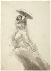 Stolt gående mandlig nøgenfigur med skjold: studie til »De oprørske engles fald« af George Romney